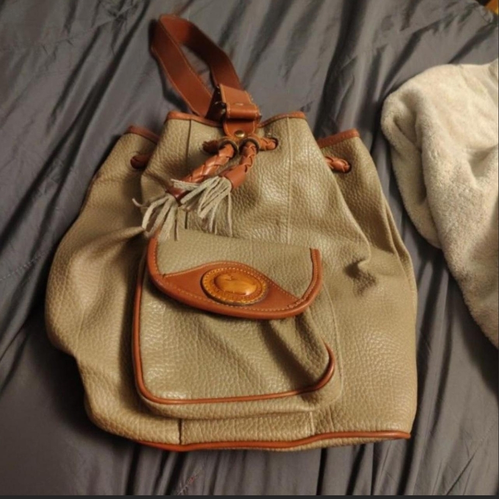 Dooney & Bourke Taupe Leather Drawstring Backpack with Tan Trim